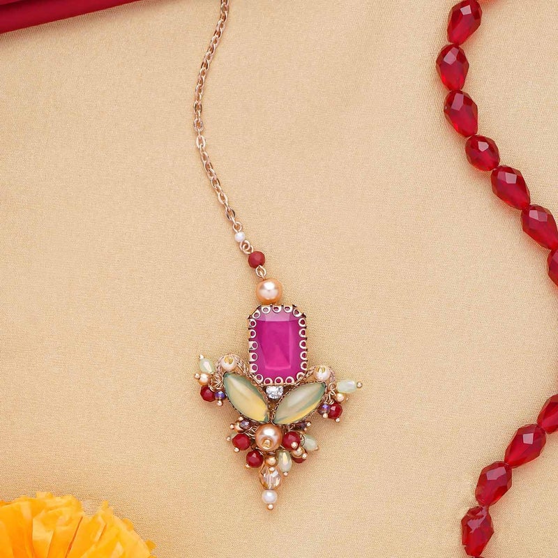 SANJOYA by EVERSTYLISH Embroidered Statement Maangtika for Women | Elegant Traditional Jewelry | Gold-Plated with Pink, Green & Pearl Embellishments | Ethnic Wear Jewelry for Womens - Image 4