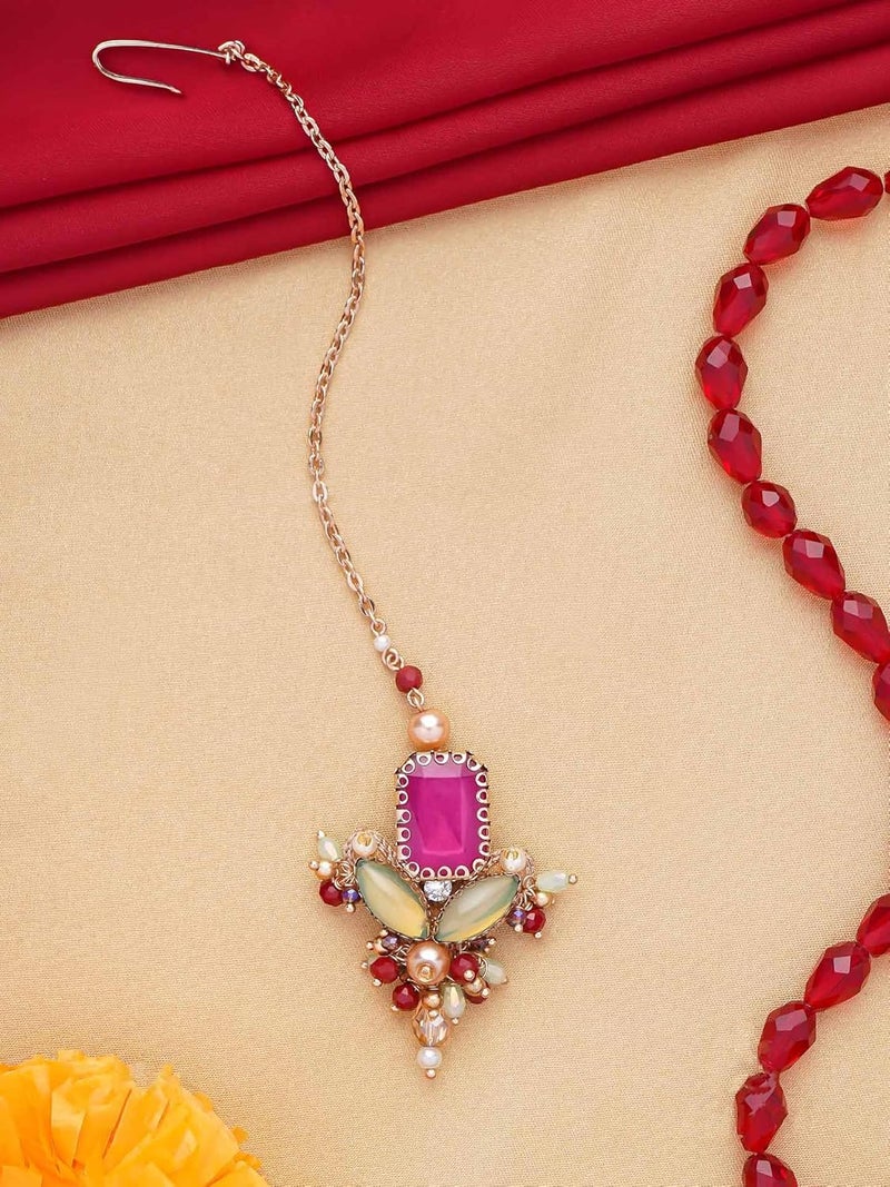 SANJOYA by EVERSTYLISH Embroidered Statement Maangtika for Women | Elegant Traditional Jewelry | Gold-Plated with Pink, Green & Pearl Embellishments | Ethnic Wear Jewelry for Womens - Image 3