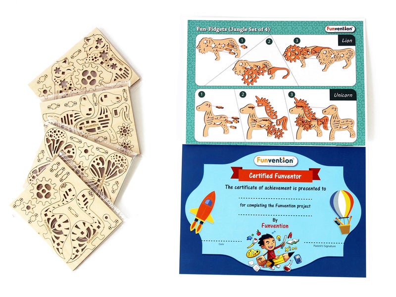 Funvention Engineered Jungle Wood Fun Fidgets DIY Miniature Mechanical Lion, Unicorn, Dino and Butterfly Models STEM Learning 3D Puzzle Kit -Set of 4 - Image 3