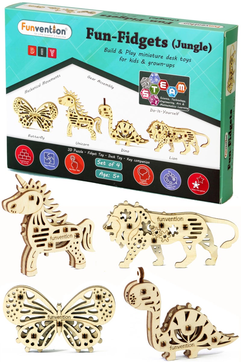 Funvention Engineered Jungle Wood Fun Fidgets DIY Miniature Mechanical Lion, Unicorn, Dino and Butterfly Models STEM Learning 3D Puzzle Kit -Set of 4 - Image 1