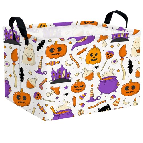 NIETEIN Large Halloween Themed Candy Gift Storage Basket for Kids Foldable Baby Pumpkin Bat Wizard Hat Bin Girls Personalized Decor Purple Graffiti - Image 1