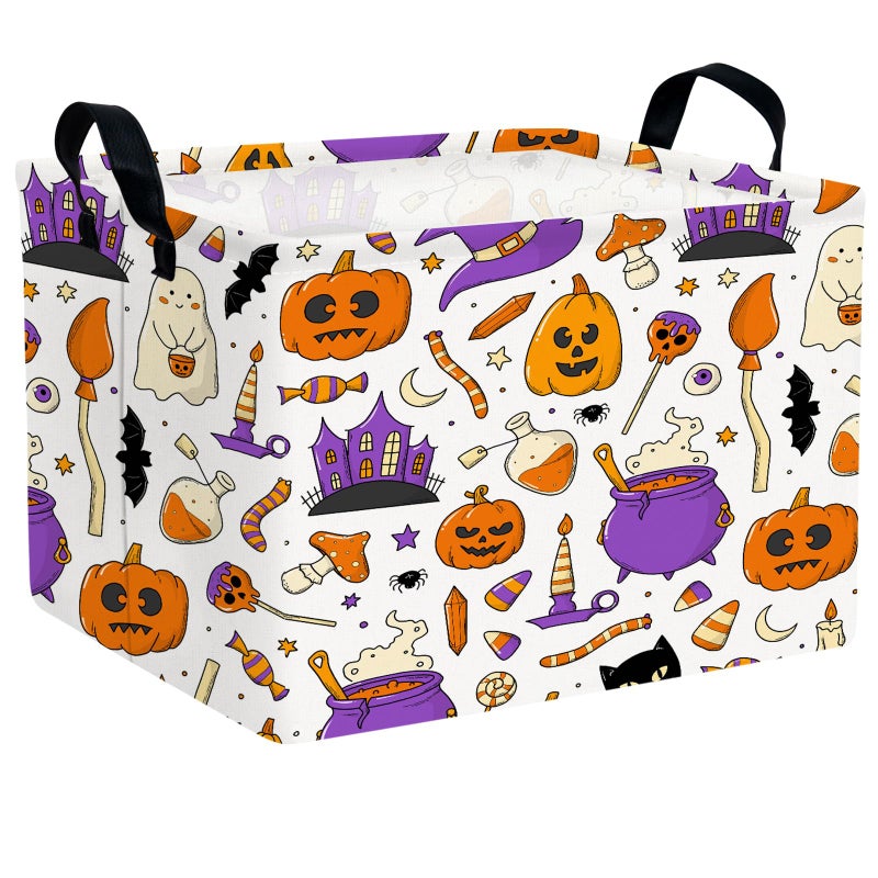NIETEIN Large Halloween Themed Candy Gift Storage Basket for Kids Foldable Baby Pumpkin Bat Wizard Hat Bin Girls Personalized Decor Purple Graffiti - Image 2