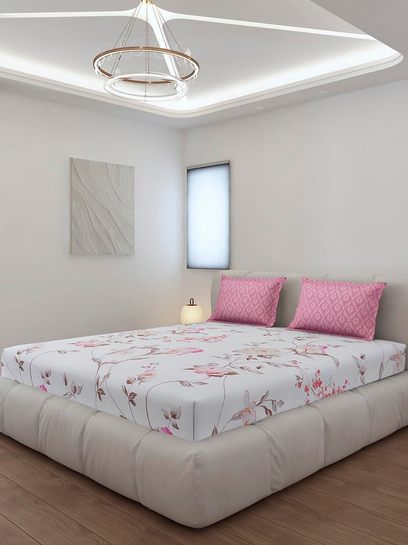 Monte Carlo Pink Printed King Size 130 GSM 1 Fitted Bedsheet with 2 Pillow Cover - Image 1