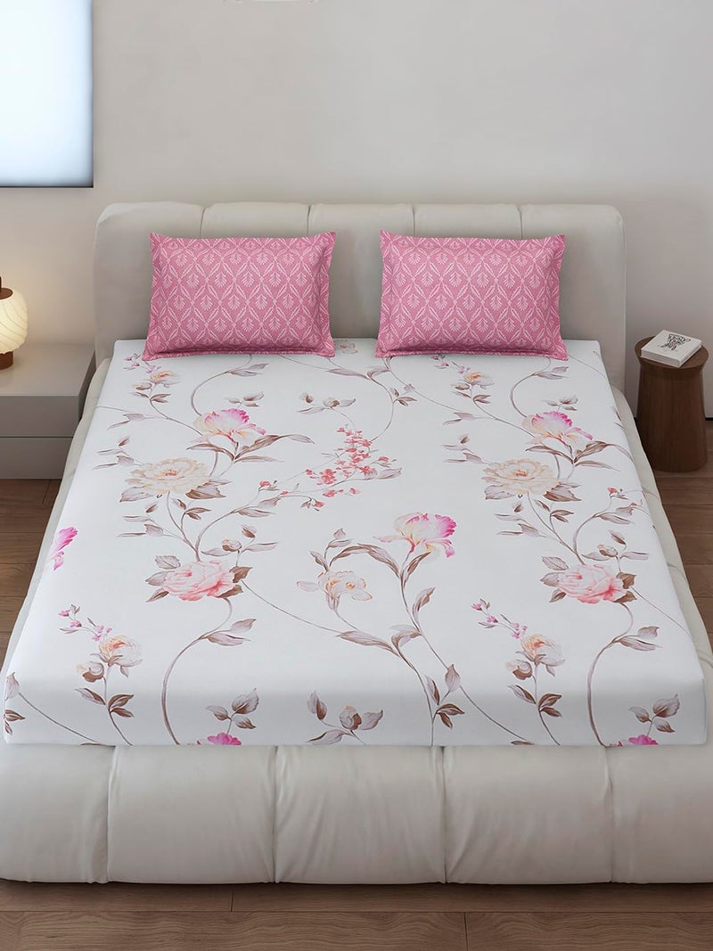 Monte Carlo Pink Printed King Size 130 GSM 1 Fitted Bedsheet with 2 Pillow Cover - Image 2