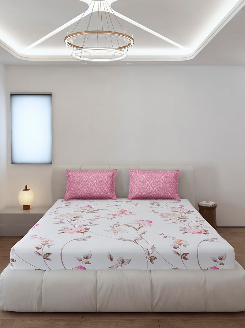Monte Carlo Pink Printed King Size 130 GSM 1 Fitted Bedsheet with 2 Pillow Cover - Image 3