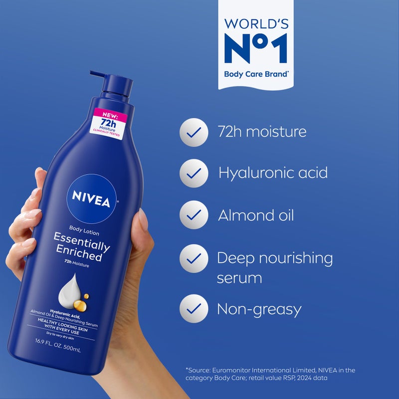 NIVEA Essentially Enriched Body Lotion for Very Dry Skin with Hyaluronic Acid, Almond Oil and Deep Nourishing Serum, 72-Hour Body Moisturizer, Holiday Gifts for Self Care, 16.9 Fl Oz Pump Bottle - Image 3