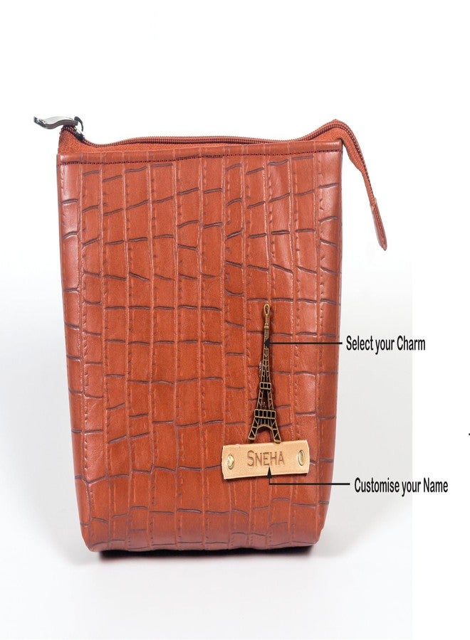 Aica Personalized Name & Charm Cosmetic Pouch Bag for Women| Makeup Toiletry Medicine Pouch Bag Organizer Box for Women| Customized Gifts for Women Wife| Multipurpose Travel Pouch (TanBrown) - Image 2