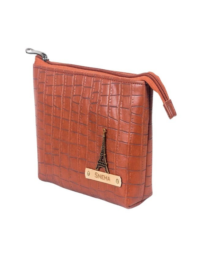 Aica Personalized Name & Charm Cosmetic Pouch Bag for Women| Makeup Toiletry Medicine Pouch Bag Organizer Box for Women| Customized Gifts for Women Wife| Multipurpose Travel Pouch (TanBrown) - Image 1