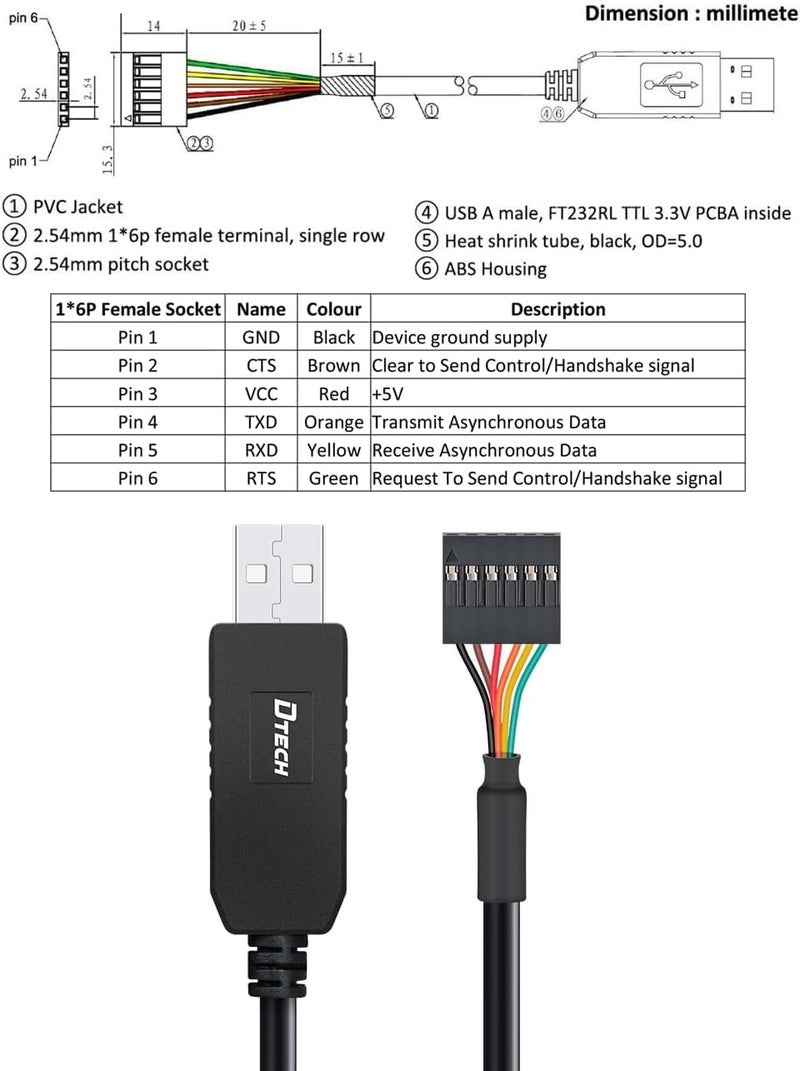 D-tech USB to TTL Serial Cable 3.3V 6 Pin UART Adapter Debug Cord Compatible with Windows 11 10 8 7 Linux MAC OS Genuine FT232RL Chip 6Pin 3v3 Level Signal 2.54mm Dupont Female Header (1M) - Image 3