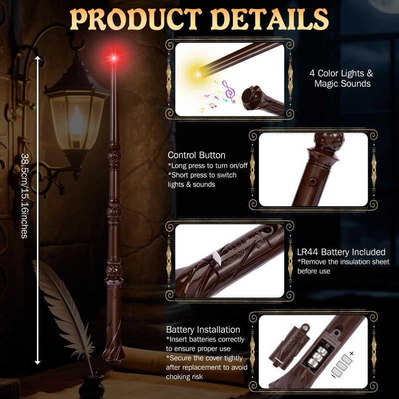 Maikoi Light Up Magic Wizard Wand with Sounds & 4 Color Lights Illuminating Witch Toys for Kids Cosplay Party Birthday Gift, Brown, 2PCS - Image 2