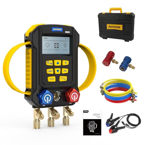 AUTOOL AC Manifold Gauge Set, Incl. 2X Pipe Clamp Thermometer, 1x Digital HVAC Gauge, Set of 3 Hoses – AC Gauge Set, with Evacuation Mode, Refrigerant Mode and Pressure Leak Test - Image 1