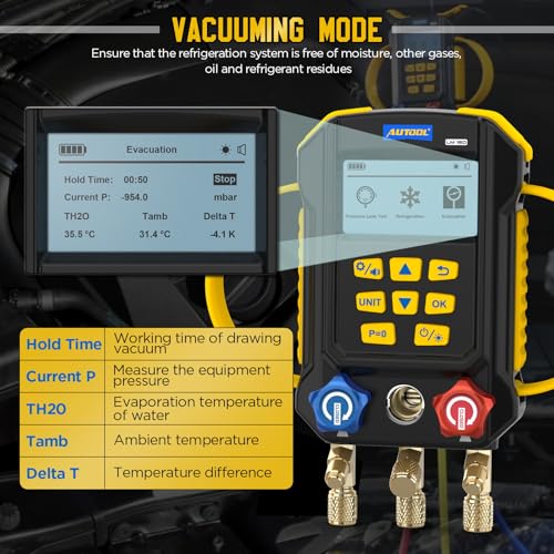 AUTOOL AC Manifold Gauge Set, Incl. 2X Pipe Clamp Thermometer, 1x Digital HVAC Gauge, Set of 3 Hoses – AC Gauge Set, with Evacuation Mode, Refrigerant Mode and Pressure Leak Test - Image 4