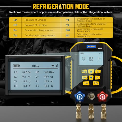 AUTOOL AC Manifold Gauge Set, Incl. 2X Pipe Clamp Thermometer, 1x Digital HVAC Gauge, Set of 3 Hoses – AC Gauge Set, with Evacuation Mode, Refrigerant Mode and Pressure Leak Test - Image 5