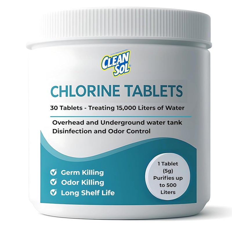 Cleansol Chlorine Tablets for Water Tank Disinfection – 5g Each (Pack of 30) | 1 Tablet Treats 500 litres | Kills Germs & Controls Odour | Ideal for Overhead & Underground Water Tanks - Image 1
