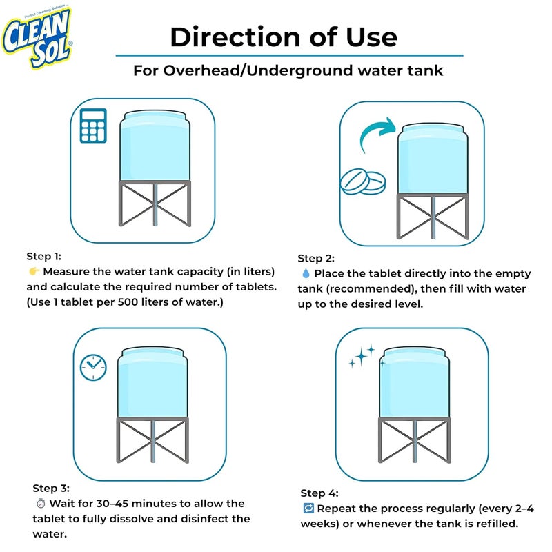 Cleansol Chlorine Tablets for Water Tank Disinfection – 5g Each (Pack of 30) | 1 Tablet Treats 500 litres | Kills Germs & Controls Odour | Ideal for Overhead & Underground Water Tanks - Image 5