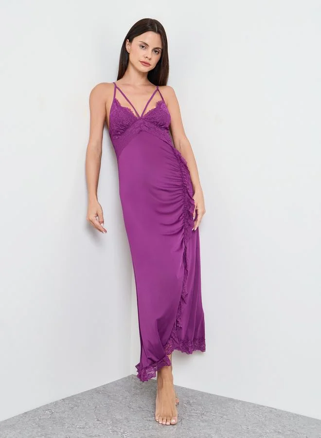 Take Two Purple Lace Trim Ruched Slip Dress