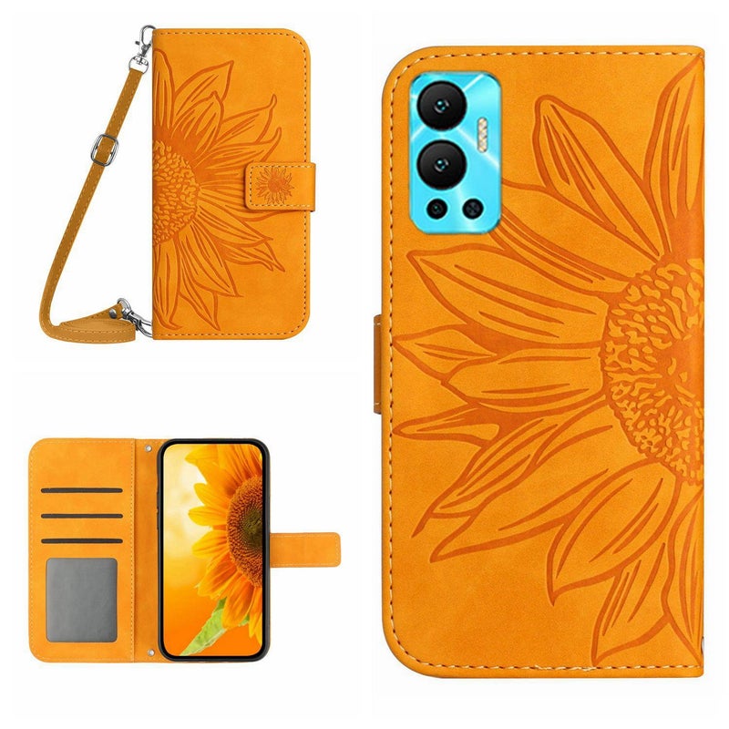 HuHa Case Cover For Infinix Hot 12 Skin Feel Sun Flower Pattern Flip Leather Phone Case with Lanyard(Yellow) - Image 1