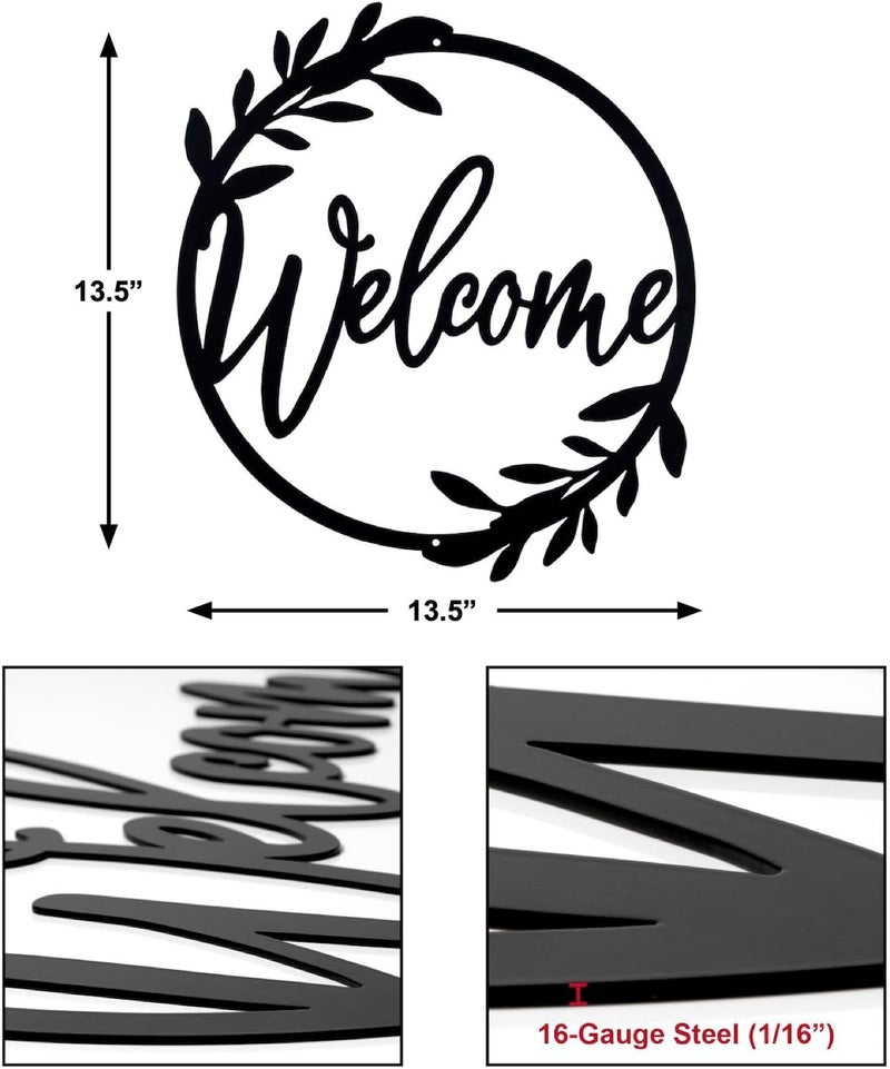 AERLO Metal Welcome Sign for Front Door - Large 13.5 inch Black Wall Decor - Indoor Outdoor Home Decor Perfect for Front Porch, Living Room, and Kitchen (Wreath Style) - Image 2