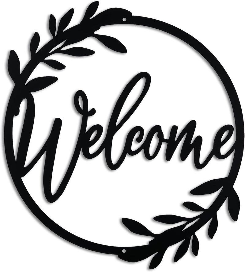 AERLO Metal Welcome Sign for Front Door - Large 13.5 inch Black Wall Decor - Indoor Outdoor Home Decor Perfect for Front Porch, Living Room, and Kitchen (Wreath Style) - Image 1