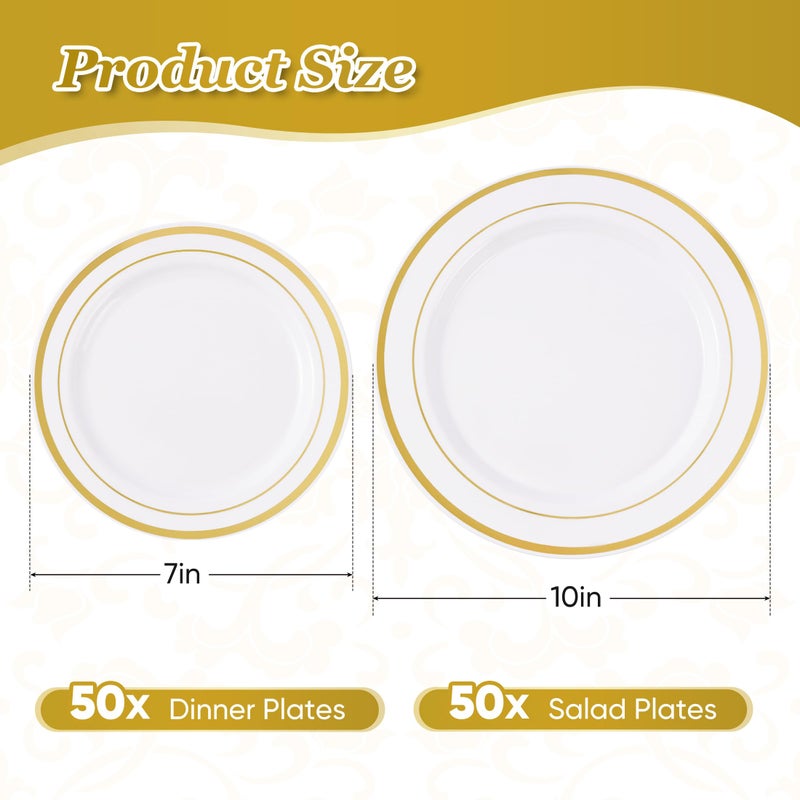 Fijinhom 100PCS Gold Plastic Plates, Disposable Plates with 50PCS 10" Dinner Plates & 50PCS 7" Dessert Plates for 50 Guests, Plastic Party Plates for Wedding, Birthday, Gold - Image 4