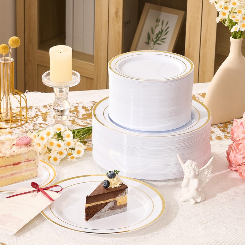 Fijinhom 100PCS Gold Plastic Plates, Disposable Plates with 50PCS 10" Dinner Plates & 50PCS 7" Dessert Plates for 50 Guests, Plastic Party Plates for Wedding, Birthday, Gold - Image 2