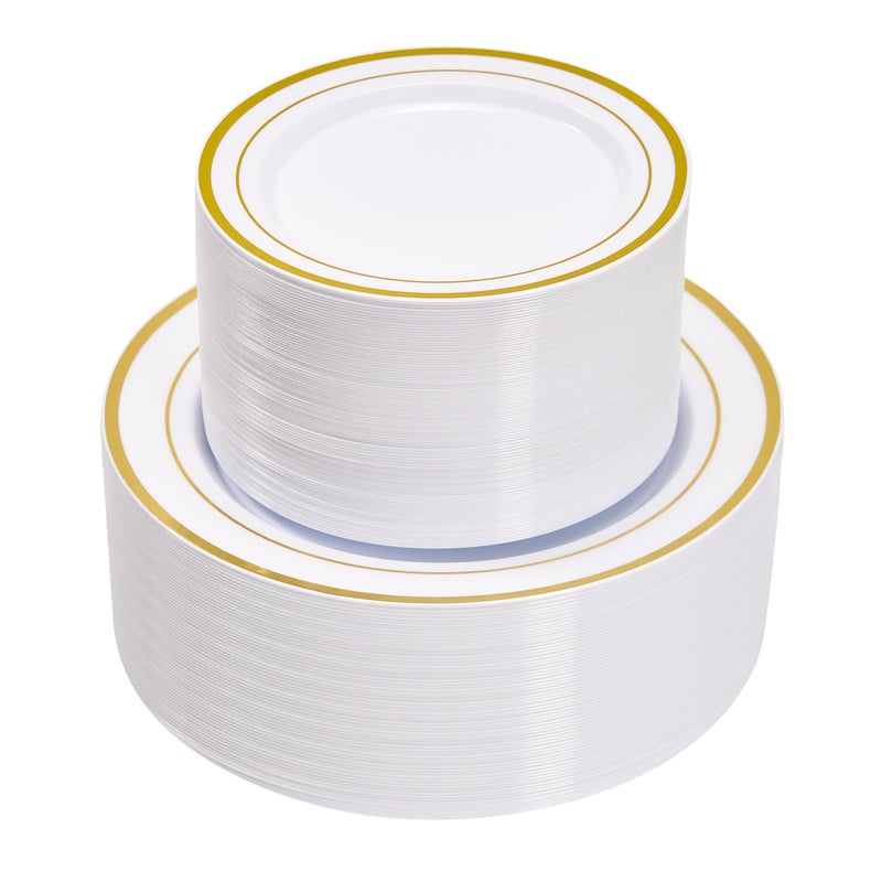 Fijinhom 100PCS Gold Plastic Plates, Disposable Plates with 50PCS 10" Dinner Plates & 50PCS 7" Dessert Plates for 50 Guests, Plastic Party Plates for Wedding, Birthday, Gold - Image 1