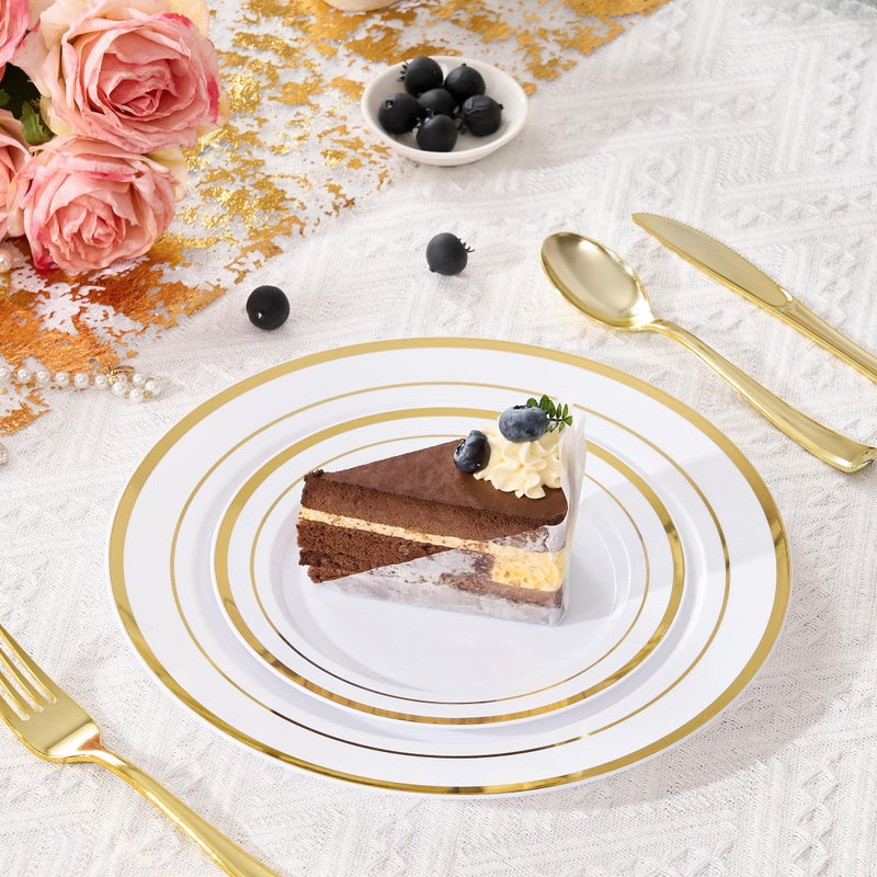 Fijinhom 100PCS Gold Plastic Plates, Disposable Plates with 50PCS 10" Dinner Plates & 50PCS 7" Dessert Plates for 50 Guests, Plastic Party Plates for Wedding, Birthday, Gold - Image 5