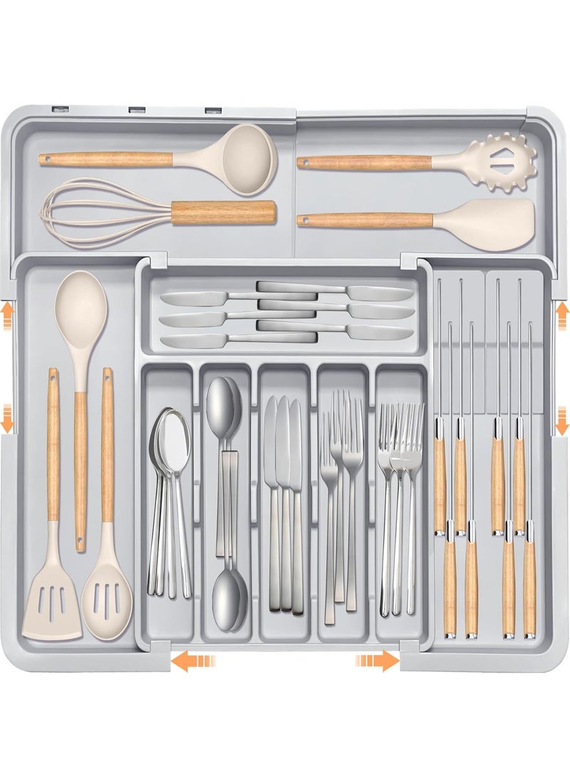 عام منظم درج مطبخ، منظم قابل للتعديل مع حاملين للسكاكين، خالٍ من مادة BPA لحمل أدوات المائدة، تخزين بلاستيكي قابل للتوسيع للملاعق والشوك والسكاكين. - Image 1