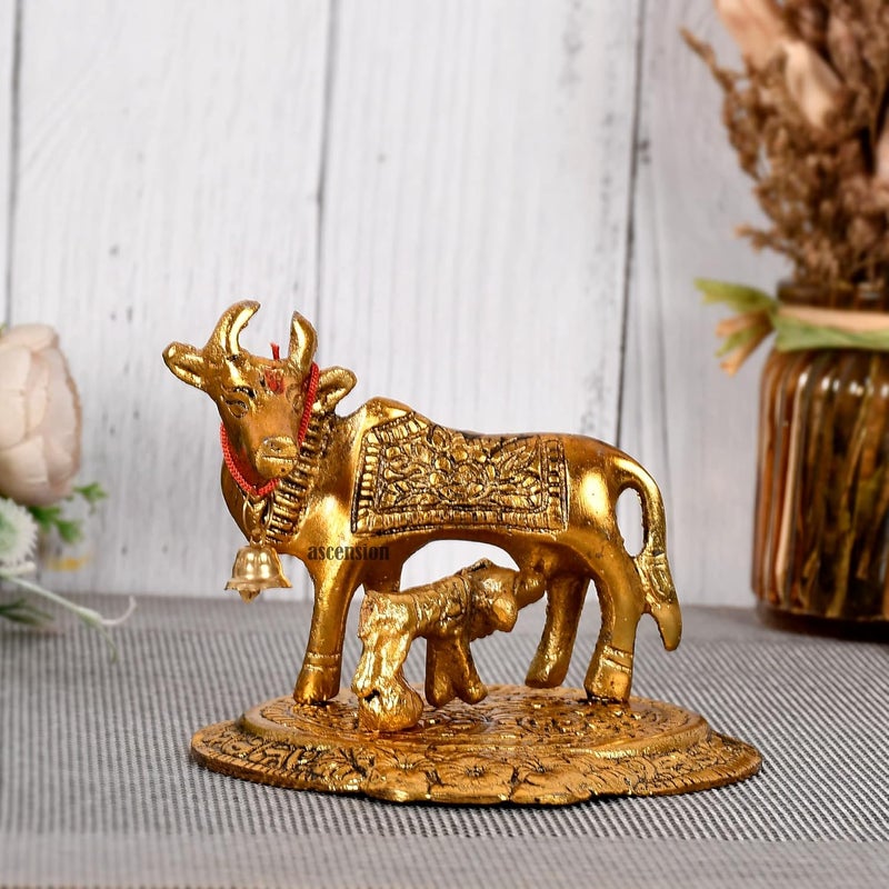 ascension Oxidized Metal kamdhenu Cow with Calf Handmade Handicraft for Home Decor Gift Item Table Dining Room Home Decoration Diwali Gifts Golden - Image 1