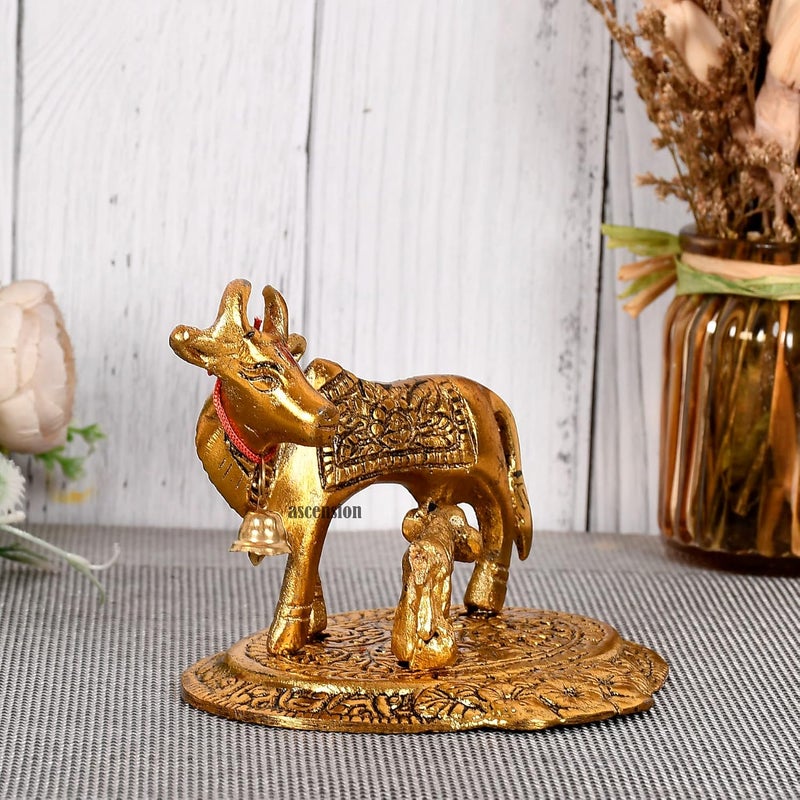 ascension Oxidized Metal kamdhenu Cow with Calf Handmade Handicraft for Home Decor Gift Item Table Dining Room Home Decoration Diwali Gifts Golden - Image 3