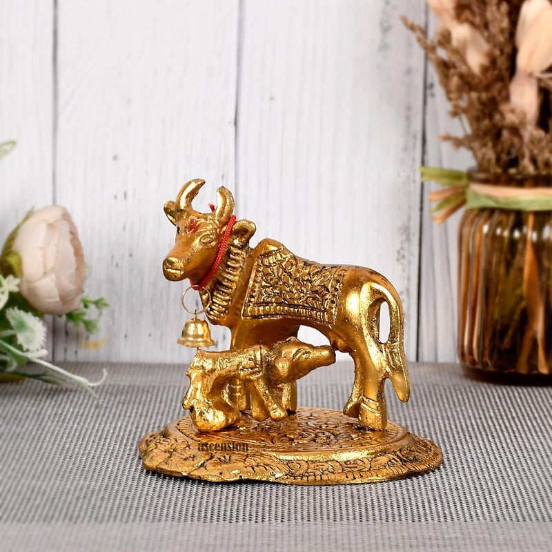 ascension Oxidized Metal kamdhenu Cow with Calf Handmade Handicraft for Home Decor Gift Item Table Dining Room Home Decoration Diwali Gifts Golden - Image 2