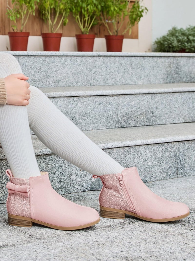 Coutgo Girls Bow Glitter Ankle Boots Side Zipper Low Heel Short Booties Dress Shoes, Pink, Size 2 - Image 3