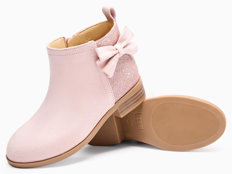 Coutgo Girls Bow Glitter Ankle Boots Side Zipper Low Heel Short Booties Dress Shoes, Pink, Size 2 - Image 5