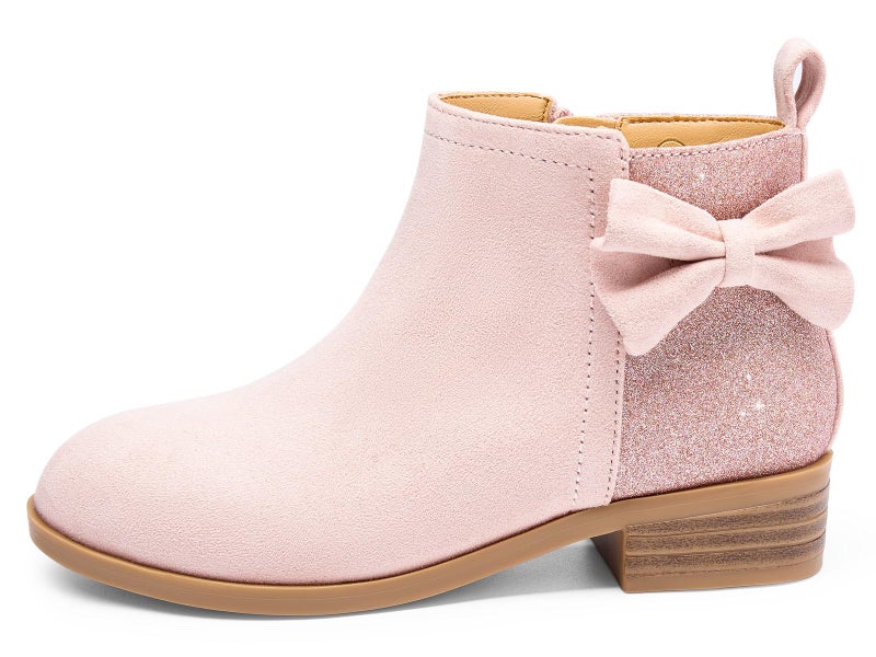 Coutgo Girls Bow Glitter Ankle Boots Side Zipper Low Heel Short Booties Dress Shoes, Pink, Size 2 - Image 1
