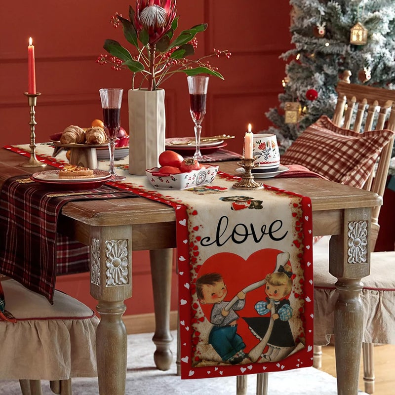 Racenaf Vintage Valentine's Day Table Runner Valentines Decorations - Red Love Vintage Style Boys and Girls Valentines Day Anniversary Home Kitchen Dining Table Decor, Valentines Party Decor 13 x 72 Inch - Image 4