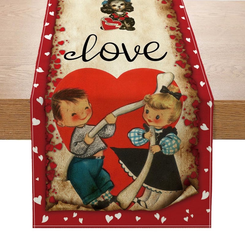 Racenaf Vintage Valentine's Day Table Runner Valentines Decorations - Red Love Vintage Style Boys and Girls Valentines Day Anniversary Home Kitchen Dining Table Decor, Valentines Party Decor 13 x 72 Inch - Image 1