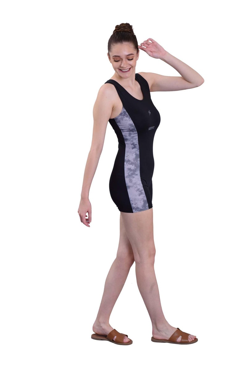 Keepfit Women's one pc Sleeveless Black & Grey Side Strip Design Swimming Legsuit |Swimming Suit for Women - Image 1