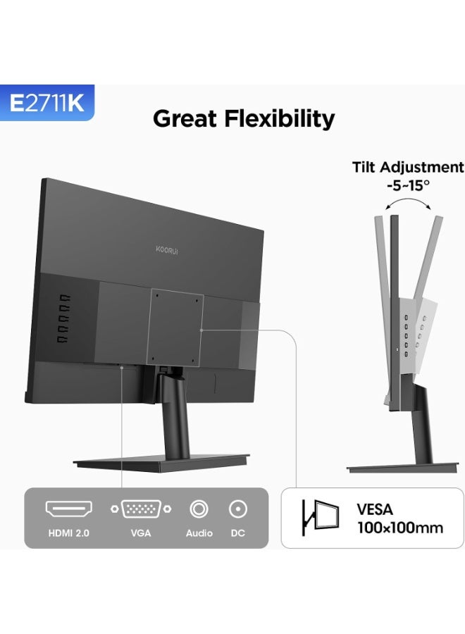 KOORUI 27 Inch Office Monitor, Eye-Care IPS FHD 1080P 144Hz Computer Screen with HDMI VGA, Slim Bezels, Freesync, Ergonomic Tilt, VESA Mountable Office & Gaming Ready E2711K - Image 2