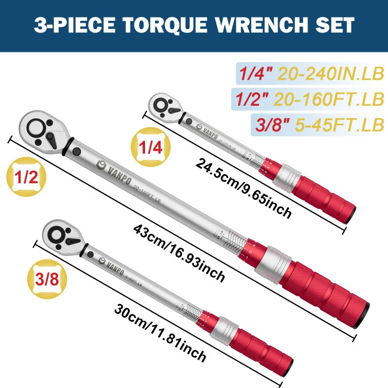 VANPO 1/4 3/8 1/2-inch Drive Click Torque Wrench, 3Pcs Torque Wrench Set 20-240 in.lb, 5-45 ft.lb, 20-160 ft.lb, Dual-Direction Adjustable 72-Tooth Torque Wrench for Bike, Moto, Car Maintenance - Image 2