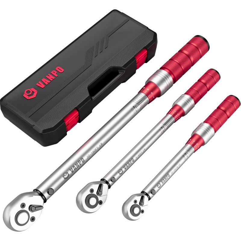 VANPO 1/4 3/8 1/2-inch Drive Click Torque Wrench, 3Pcs Torque Wrench Set 20-240 in.lb, 5-45 ft.lb, 20-160 ft.lb, Dual-Direction Adjustable 72-Tooth Torque Wrench for Bike, Moto, Car Maintenance - Image 1