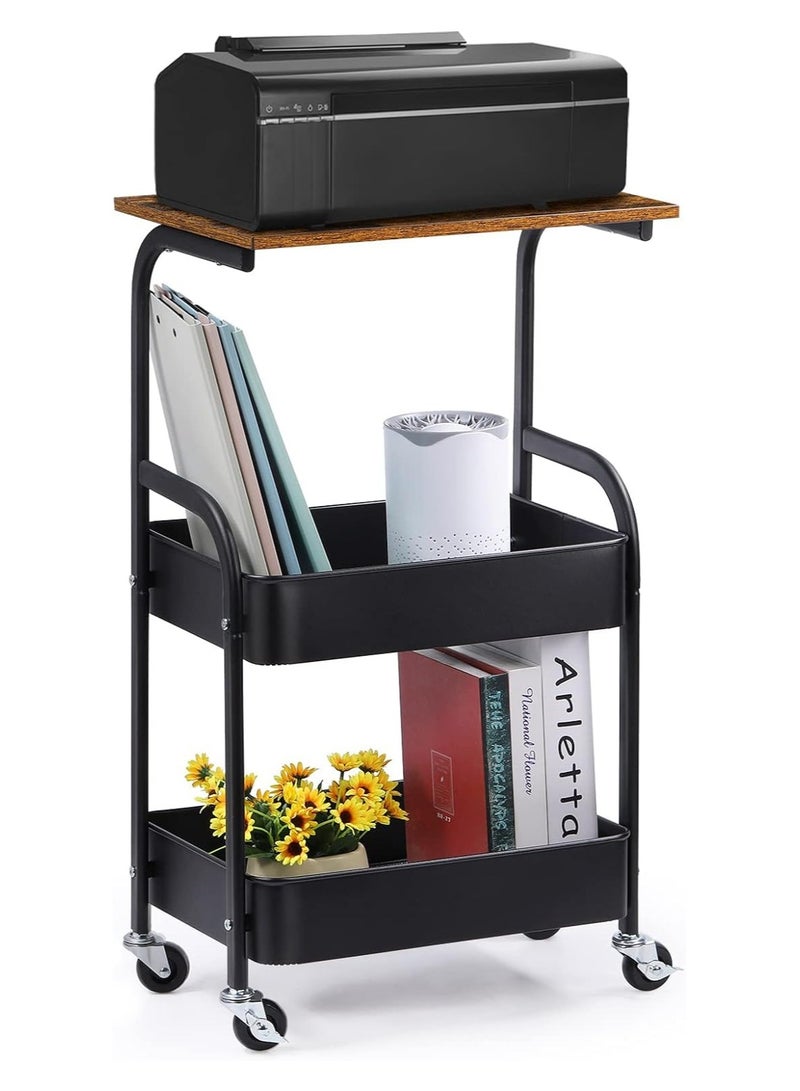 اكسيسن عربة متعددة الاستخدامات مع سطح طاولة خشبي ورف تخزين، عربة تخزين معدنية متحركة من 3 طبقات، عربة مطبخ منظمة مطبخ سوداء متحرك بعجلات قفل للمكتب، الفصل الدراسي، المنزل (أسود) - Image 1