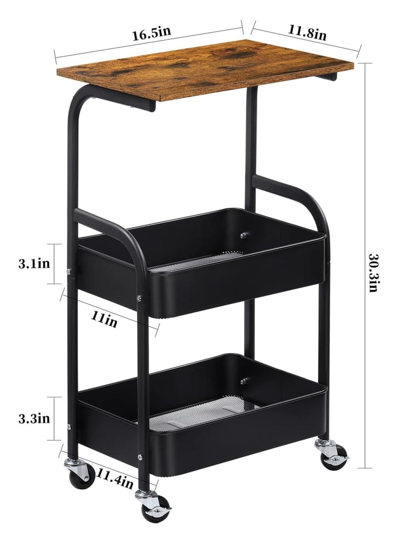 اكسيسن عربة متعددة الاستخدامات مع سطح طاولة خشبي ورف تخزين، عربة تخزين معدنية متحركة من 3 طبقات، عربة مطبخ منظمة مطبخ سوداء متحرك بعجلات قفل للمكتب، الفصل الدراسي، المنزل (أسود) - Image 2