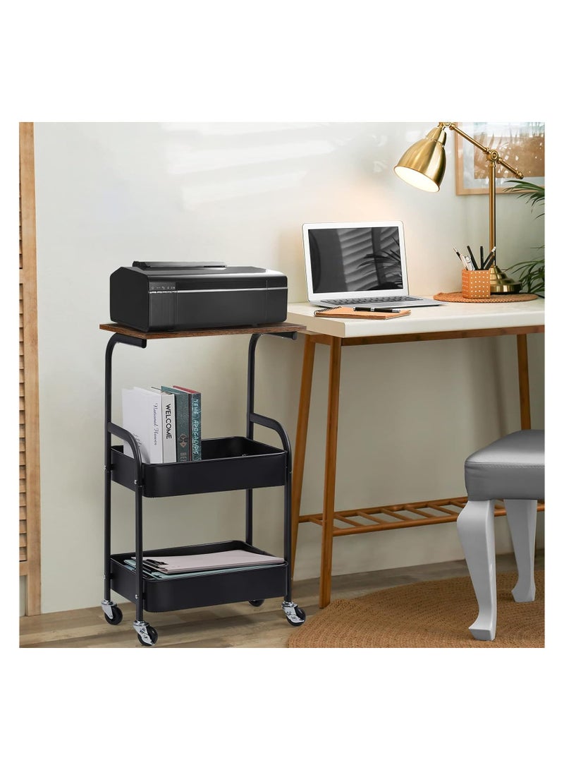 اكسيسن عربة متعددة الاستخدامات مع سطح طاولة خشبي ورف تخزين، عربة تخزين معدنية متحركة من 3 طبقات، عربة مطبخ منظمة مطبخ سوداء متحرك بعجلات قفل للمكتب، الفصل الدراسي، المنزل (أسود) - Image 3