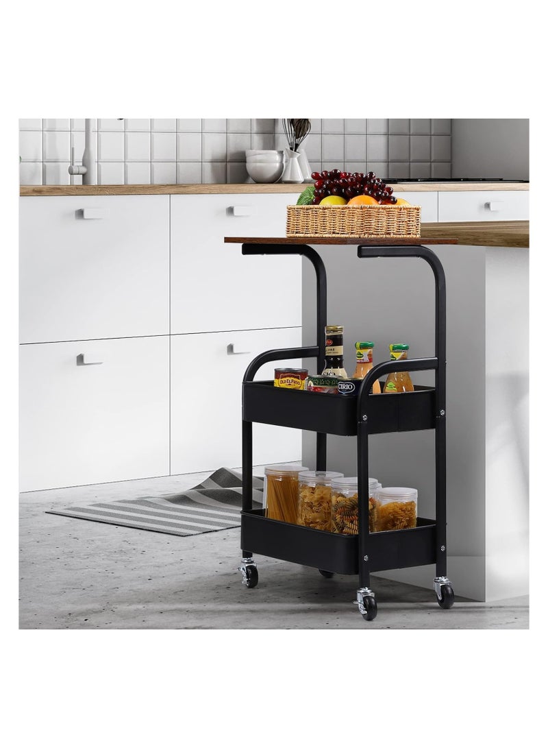 اكسيسن عربة متعددة الاستخدامات مع سطح طاولة خشبي ورف تخزين، عربة تخزين معدنية متحركة من 3 طبقات، عربة مطبخ منظمة مطبخ سوداء متحرك بعجلات قفل للمكتب، الفصل الدراسي، المنزل (أسود) - Image 4