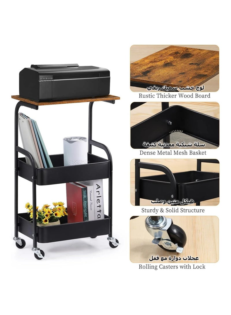 اكسيسن عربة متعددة الاستخدامات مع سطح طاولة خشبي ورف تخزين، عربة تخزين معدنية متحركة من 3 طبقات، عربة مطبخ منظمة مطبخ سوداء متحرك بعجلات قفل للمكتب، الفصل الدراسي، المنزل (أسود) - Image 5