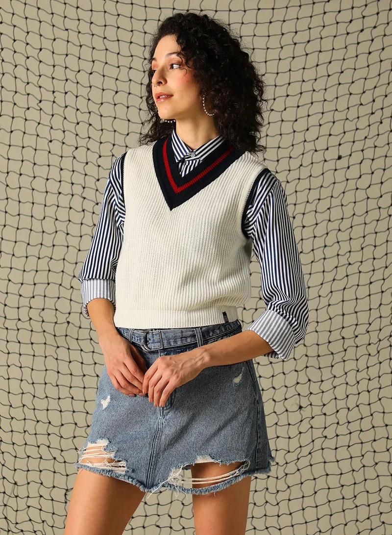 Hubberholme Women's Off White 100% Acrylic Solid Regular Fit Sweater