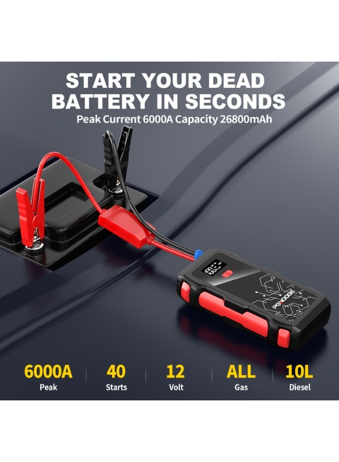 بجنوج شاحن سيارة بي جي إن أو جي بقوة ٦٠٠٠ أمبير، وحدة طاقة محمولة بسعة ٢٦٨٠٠ مللي أمبير/ساعة لجميع محركات البنزين ومحركات الديزل حتى ١٠ لتر، مجموعة طوارئ سفر محمولة مع كشاف، شاشة عرض، وشحن سريع عبر USB - Image 2