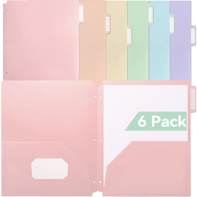 SortRax Plastic Folders with Pockets 3 Hole Punched, 6 Pack Pastel Pocket Folders for 3 Ring Binder, Unique 1/3 Cut Tabs with Colorful Labels, School Folders, Letter Size - Image 1