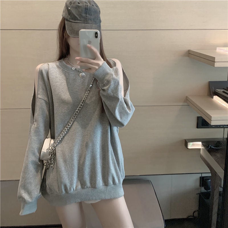 Autumn and Winter long-sleeved off-shoulder zipper sweater womens loose Korean style round neck thin T-shirt womens coat top womens clothing Gray  - Image 1