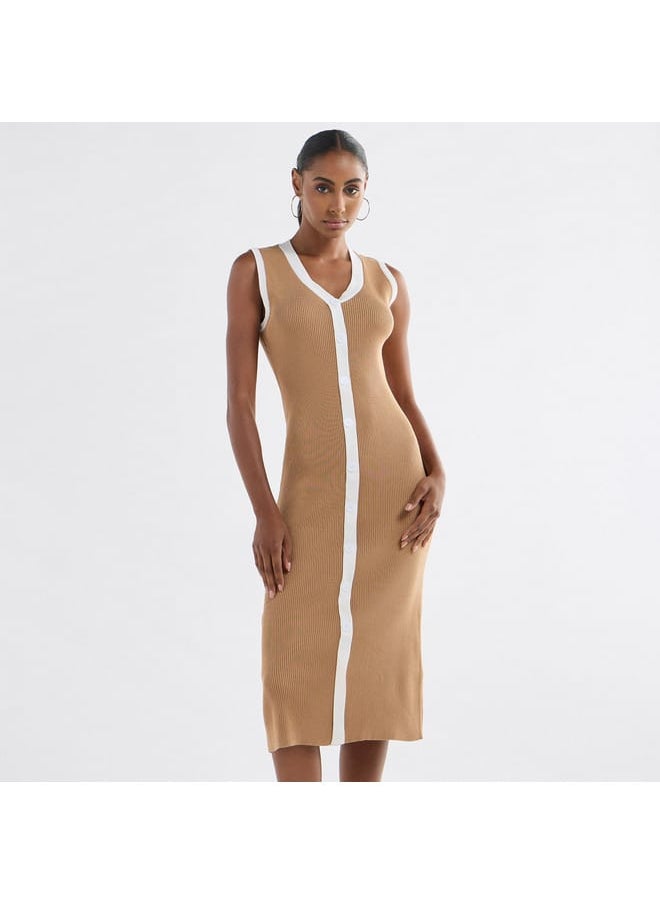 FAV - Ribbed Sleeveless Button Down Dress with V-neck - Image 1